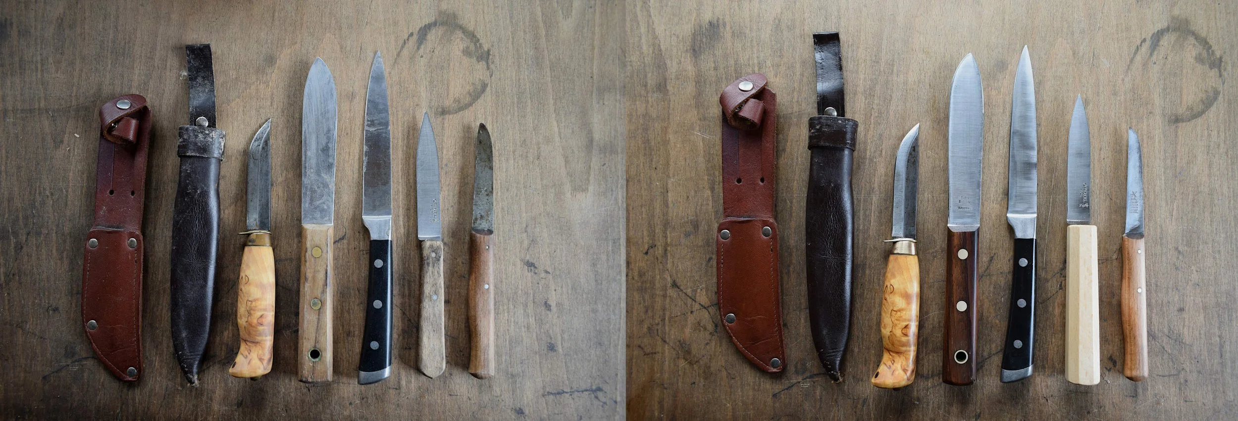 Assorted knives with various handles and sheaths on a wooden surface.