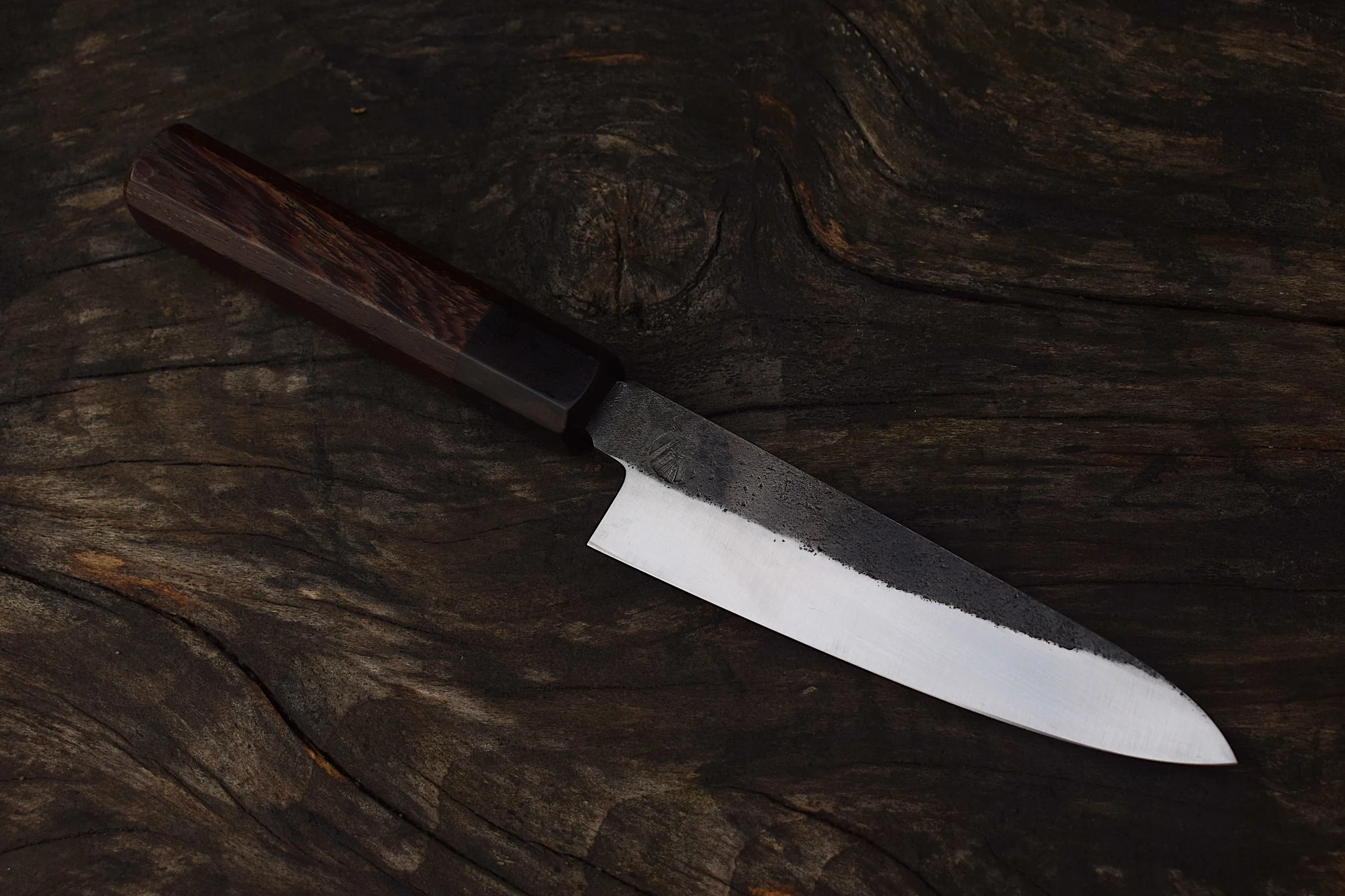 Hand made knife, carbon steel and wood. arashi forge lee bay, north devon