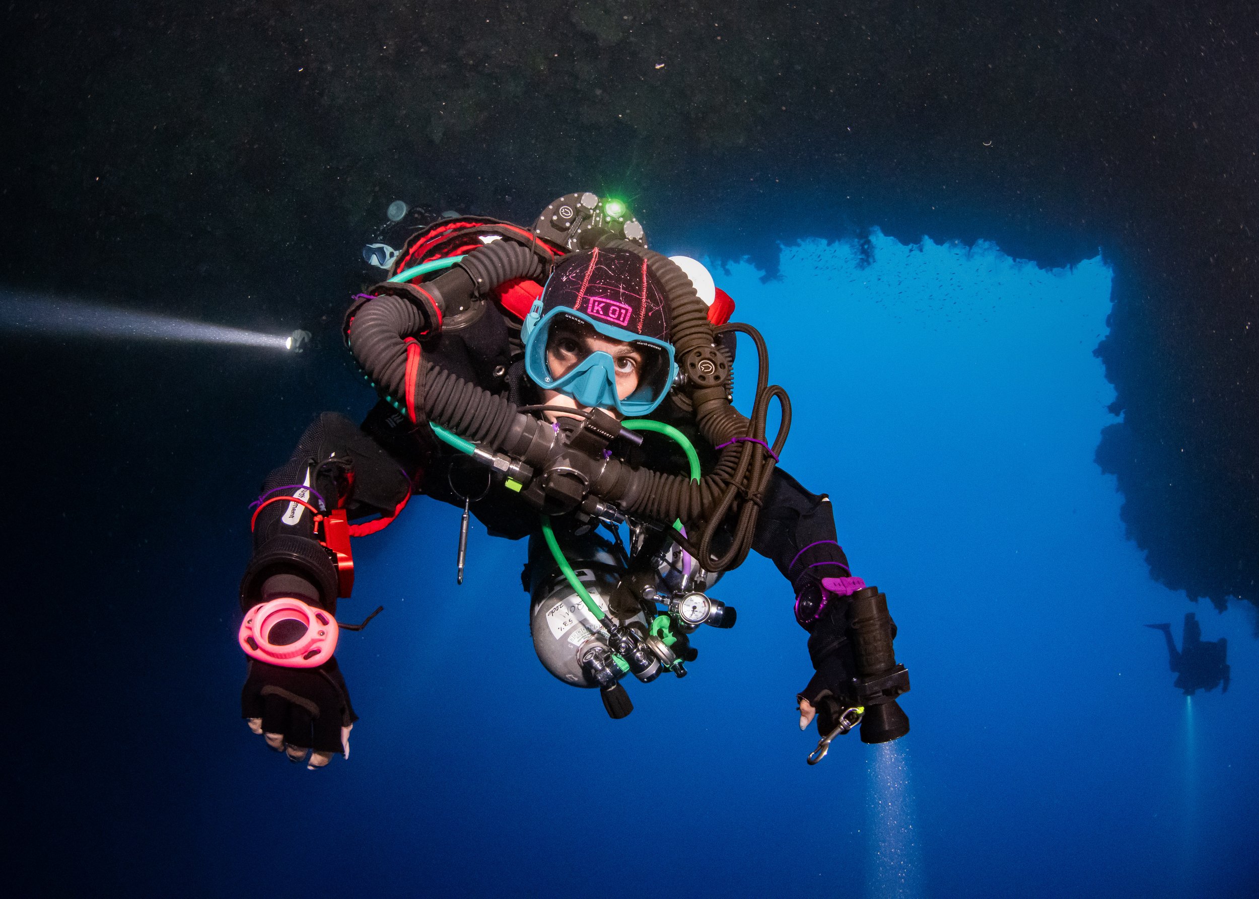 Female technical diver on a rebreather in the Blue Hole in Dahab, Red Sea.