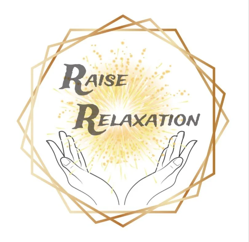 Raise Relaxation logo of upraised hands with a glowing orb of light rising out of it