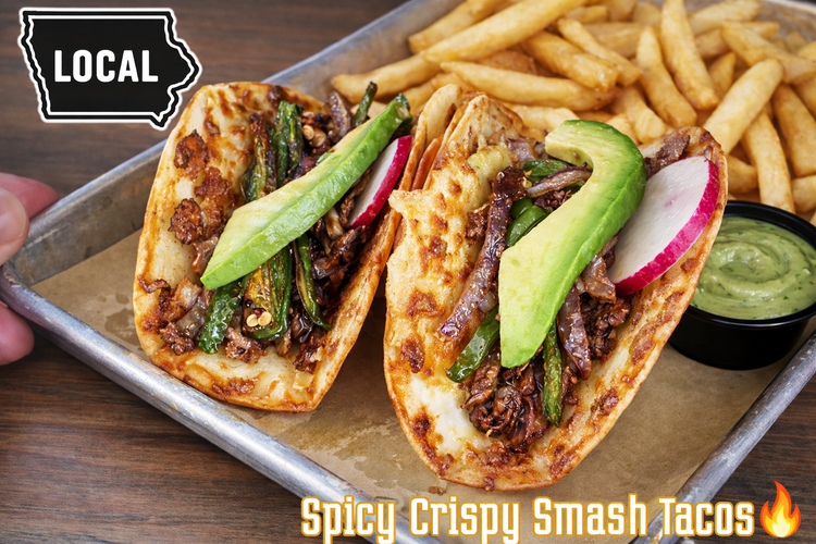 Crispy smash tacos topped with avocado and radish, served with fries and green dipping sauce.