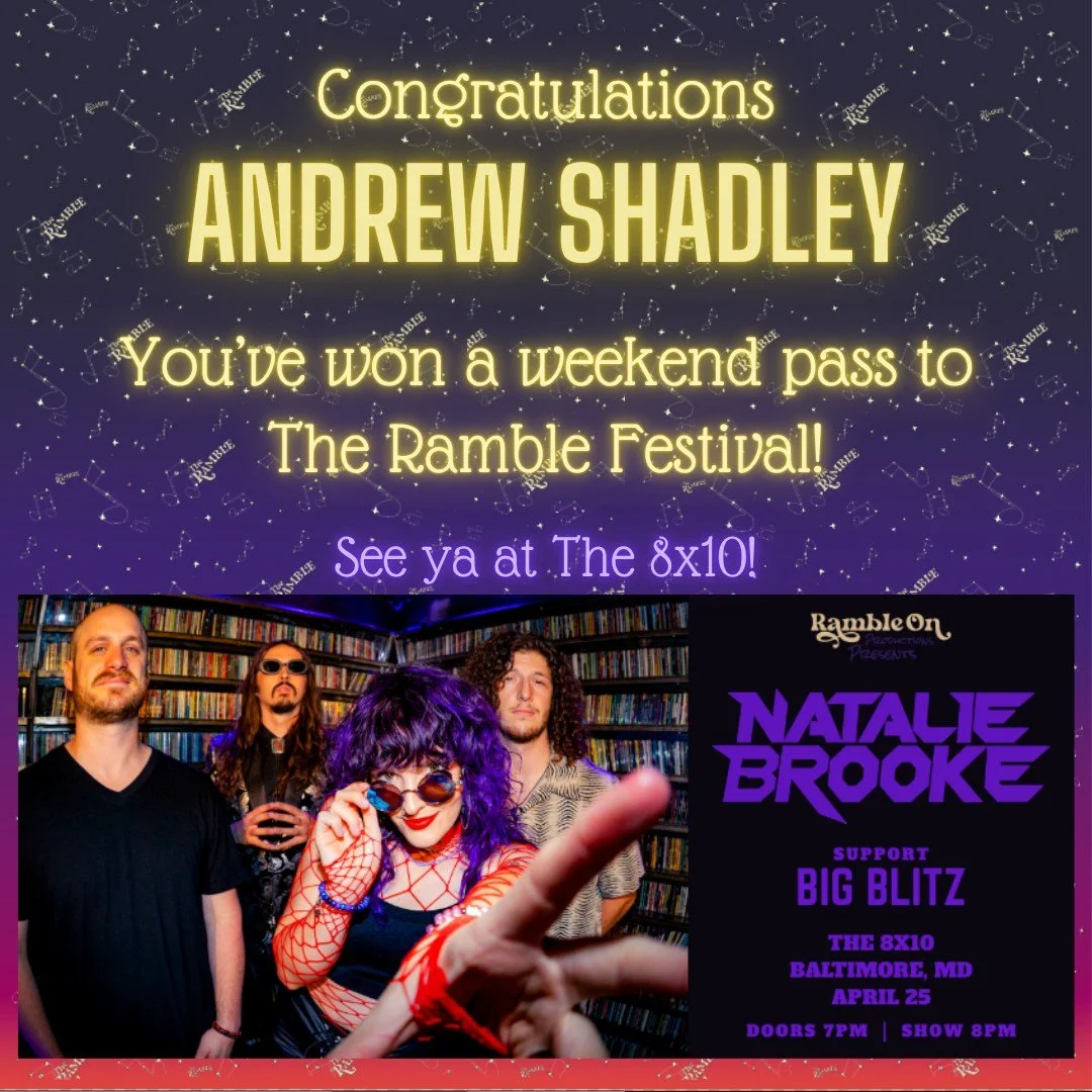 Congratulations goes to Andrew Shadley for winning a FULL WEEKEND PASS to The Ramble Festival 2026! 🎉 Andrew scored the win by grabbing tickets to see Natalie Brooke at @the_8_x_10 on April 25 - proof that supporting live music can pay off in a big 
