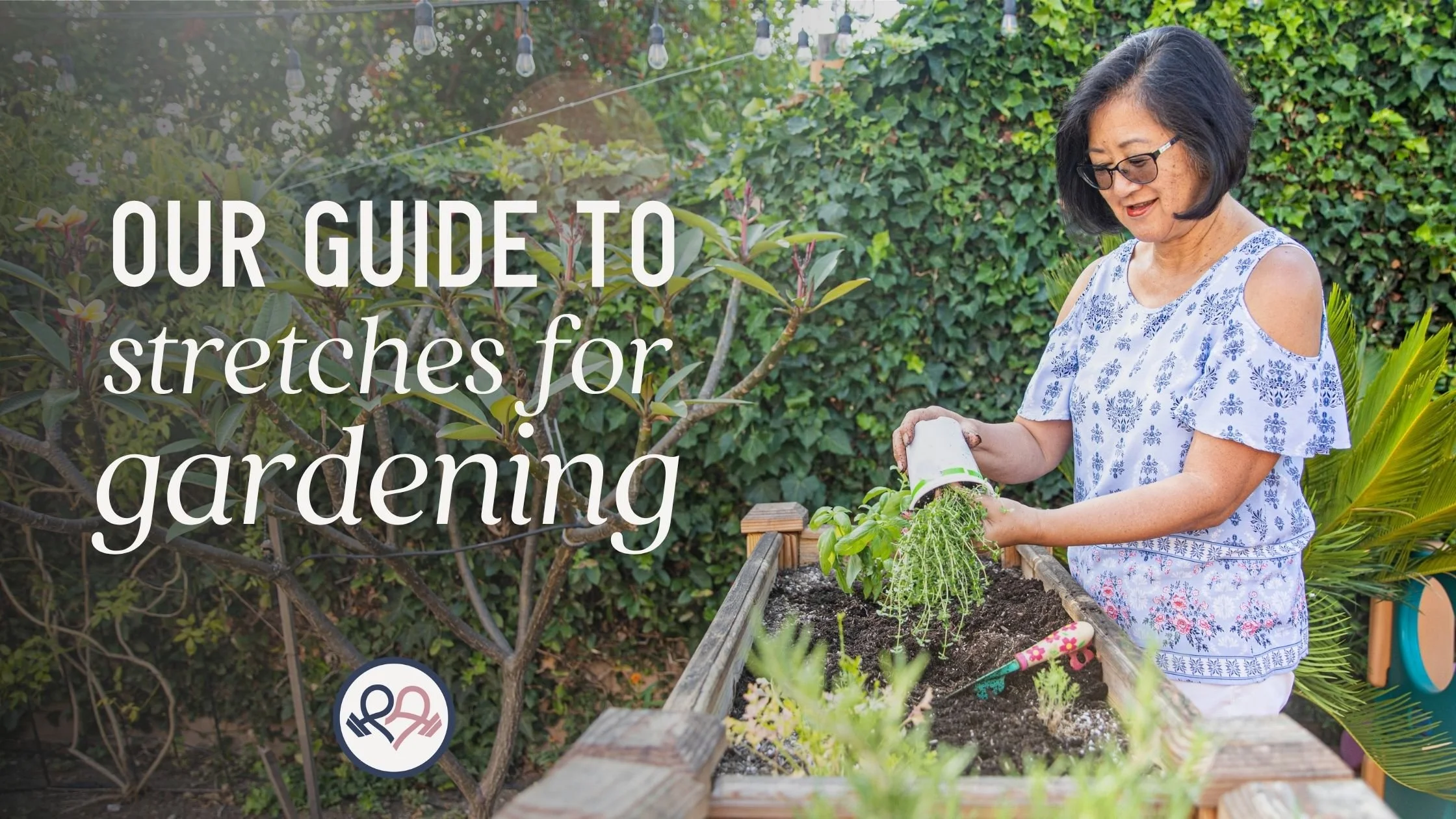 Senior woman in her backyard planting thyme in a raised planter