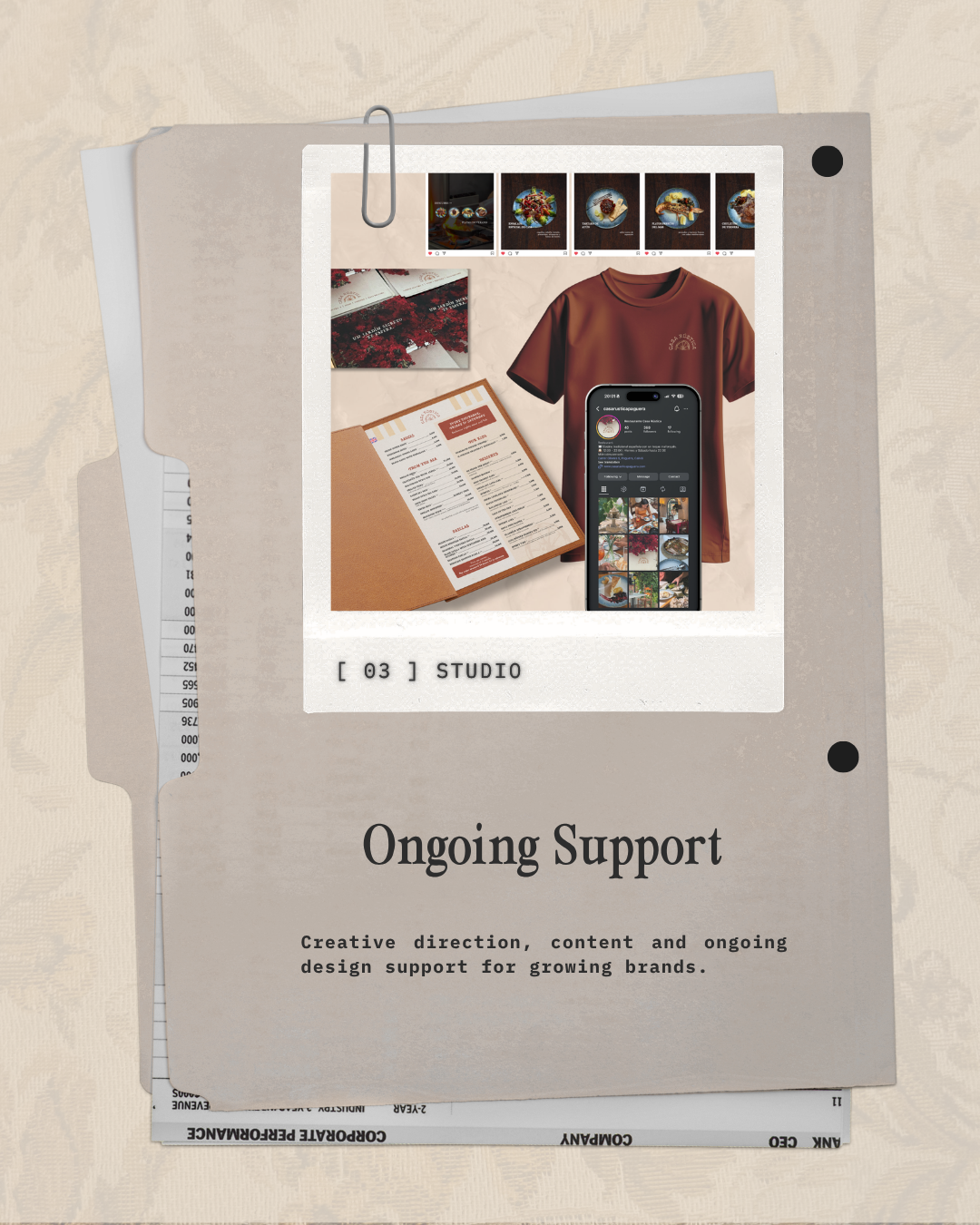A folded gray folder with an overlapping white paper underneath. The folder has the text 03 STUDIO and Ongoing Support with a description about creative direction, content, and design support. A photo of various images including a t-shirt, menu, and a smartphone showing a social media profile is attached to the folder.