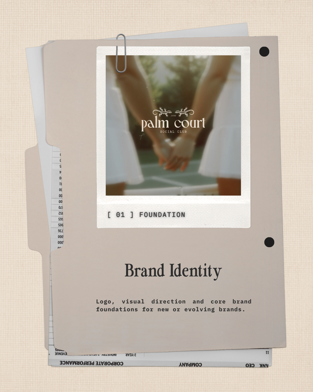 A stack of papers with a small polaroid photo on top showing a person in a white dress playing tennis outdoors near bushes and overlooking the ocean. The papers are titled "Brand Identity" and "Foundation" with the words "palm pines SOCIAL CLUB" visible on the top photo.
