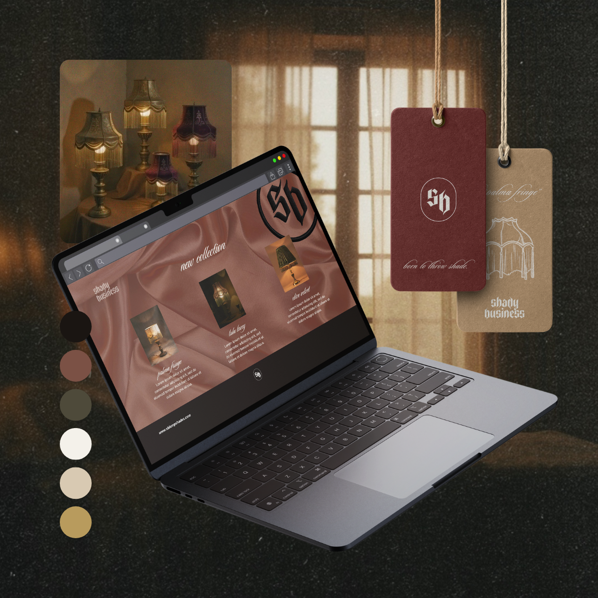 A laptop displaying a website for a lighting collection, with a background of hanging tags and a blurred interior scene of lamps and curtains.