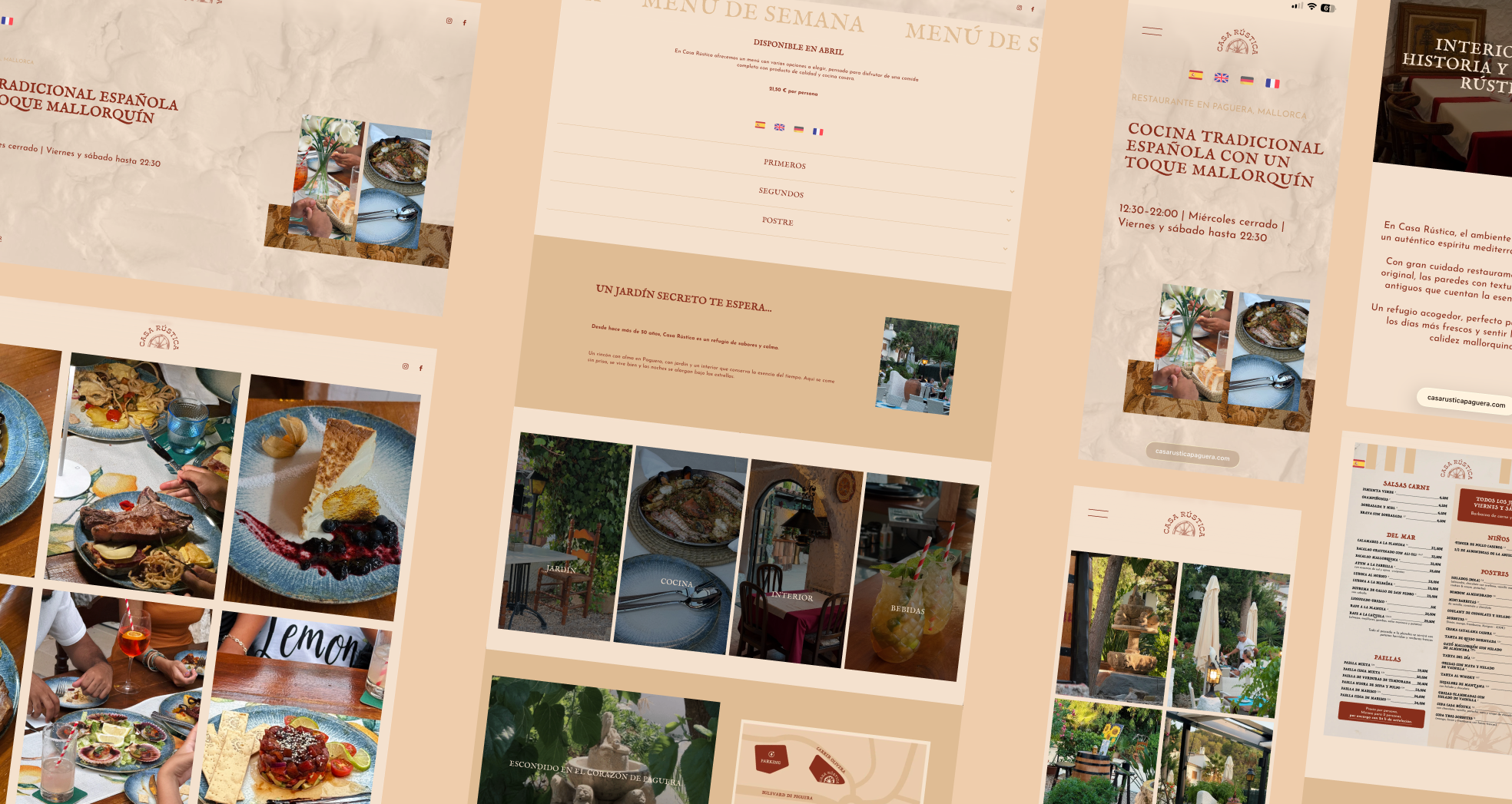 Collage of a restaurant menu and dining photos, including dishes, drinks, and outdoor seating at Casa Rústica in Paguera, Mallorca.