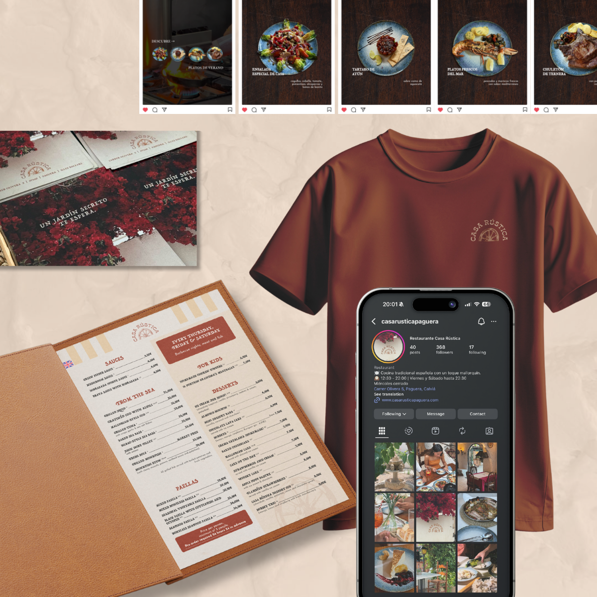 Flat lay of a brown t-shirt with 'Casa Rústica' logo, a restaurant menu, a smartphone showing the restaurant's Instagram profile, a photo of red flowers, and a series of food photos including salads, seafood, and desserts.