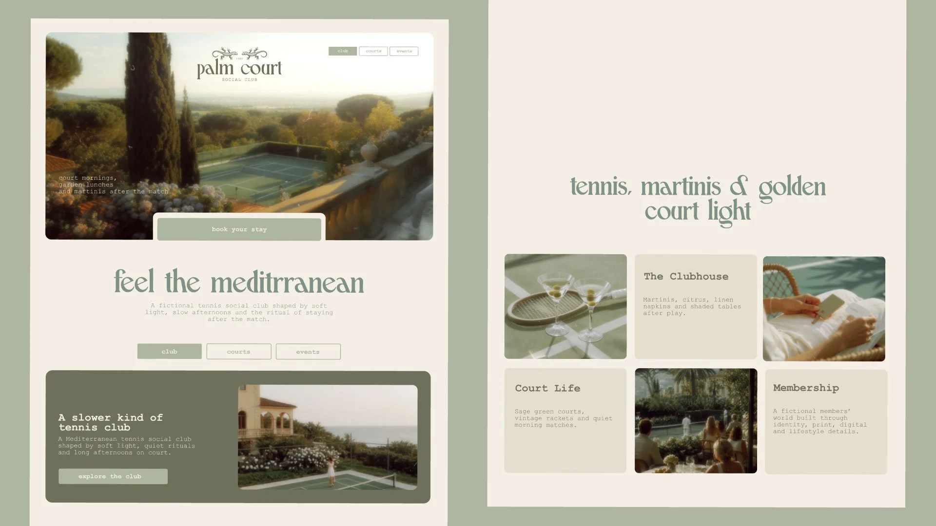 Website homepage for Palm Court Social Club featuring tennis courts, outdoor scenery, and lounge amenities with a soft green, beige, and white color theme.