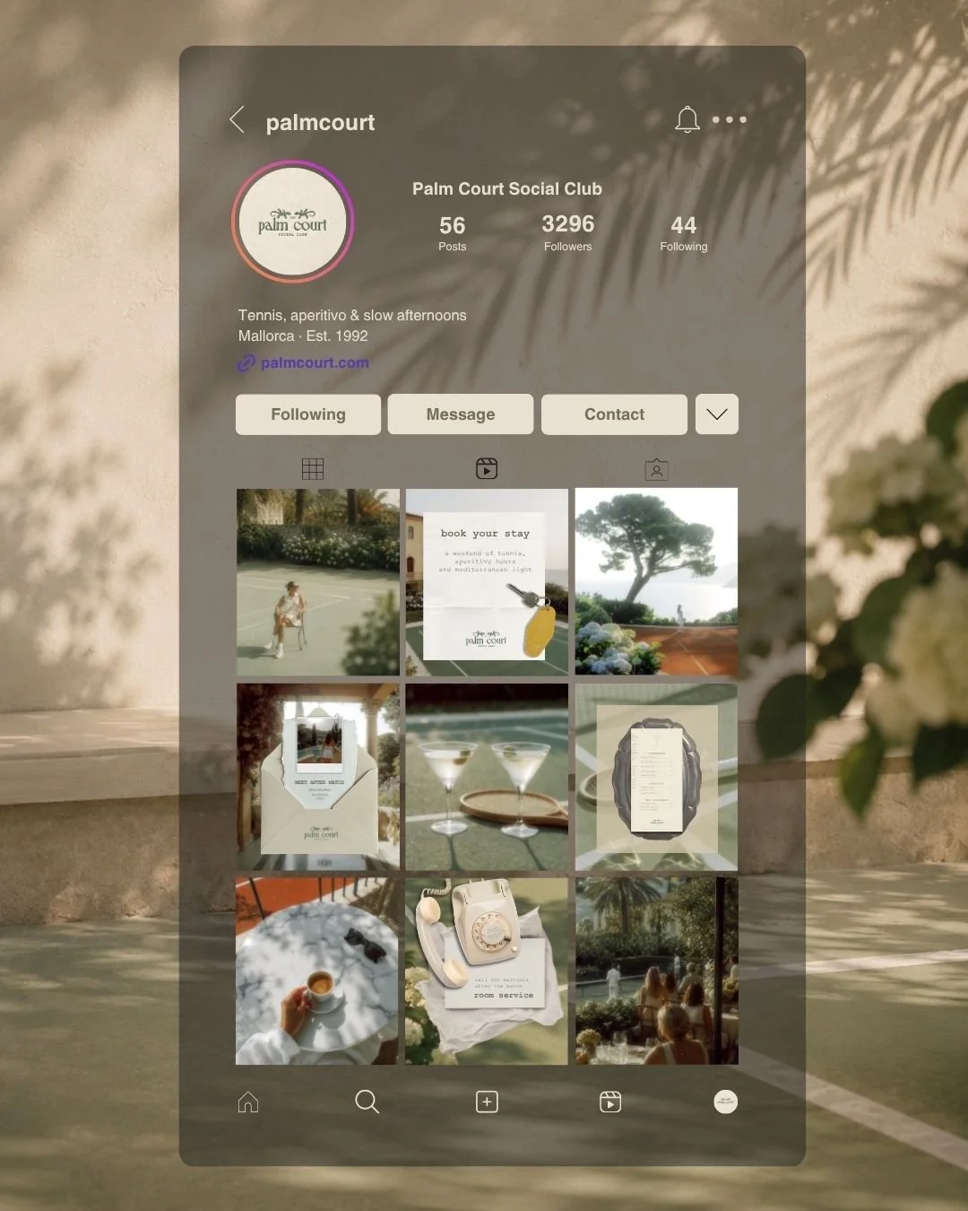 Instagram profile page for Palm Court Social Club, featuring images of tennis, drinks, and Mediterranean scenery in Mallorca.