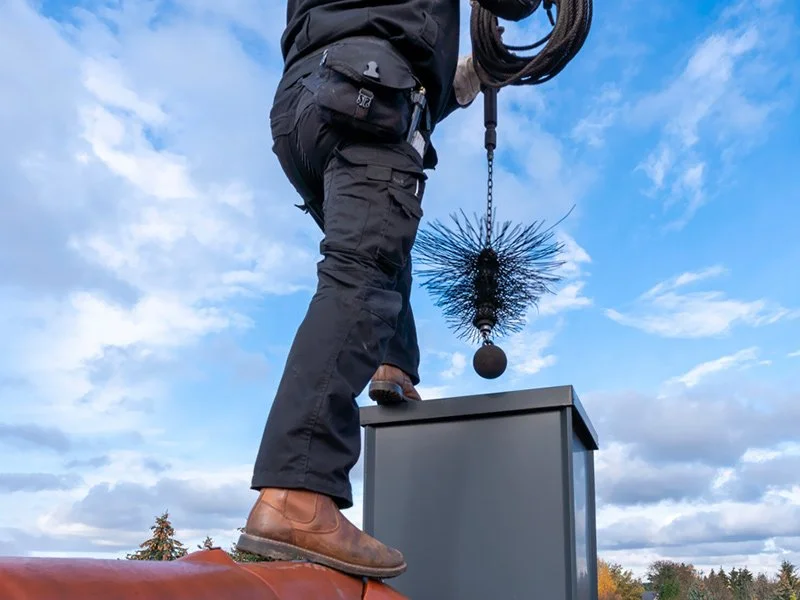 Chimney sweep on top of roof in Redding, CA