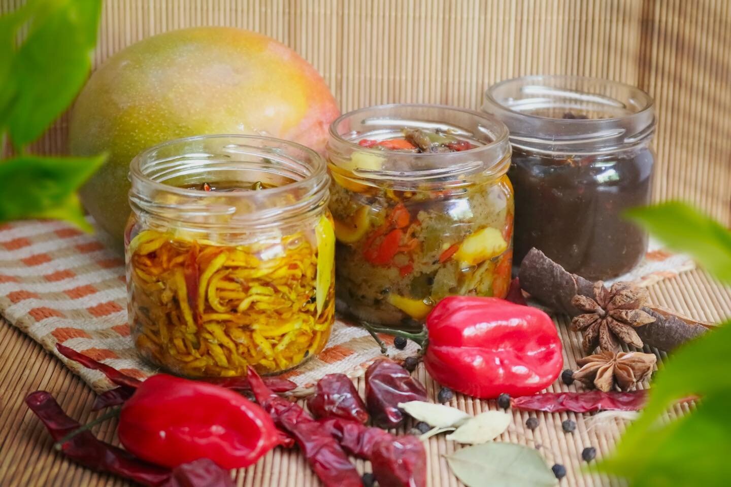 Did you know that most of our Achars are Mango based? This is why summer is our favourite season to make Achar for you! We only like using the best ingredients, and what better time to find fresh mangoes than in the summer time! ☀️🥭

From left to ri