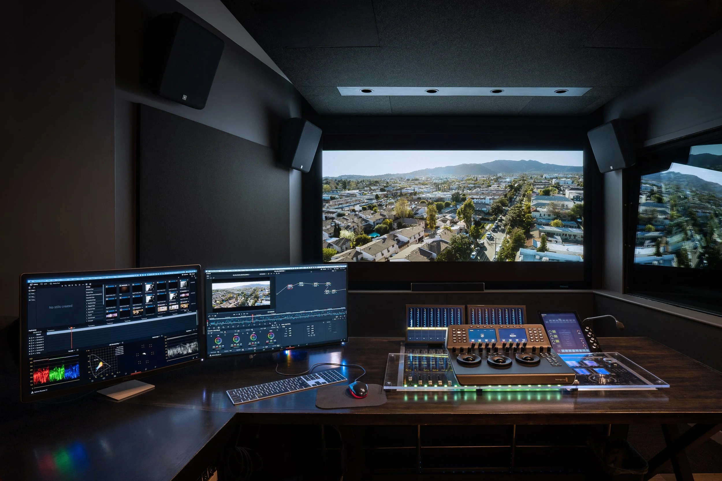 Blue Table Post's Dolby-tuned theater in Brooklyn with color grading and sound mixing equipment.