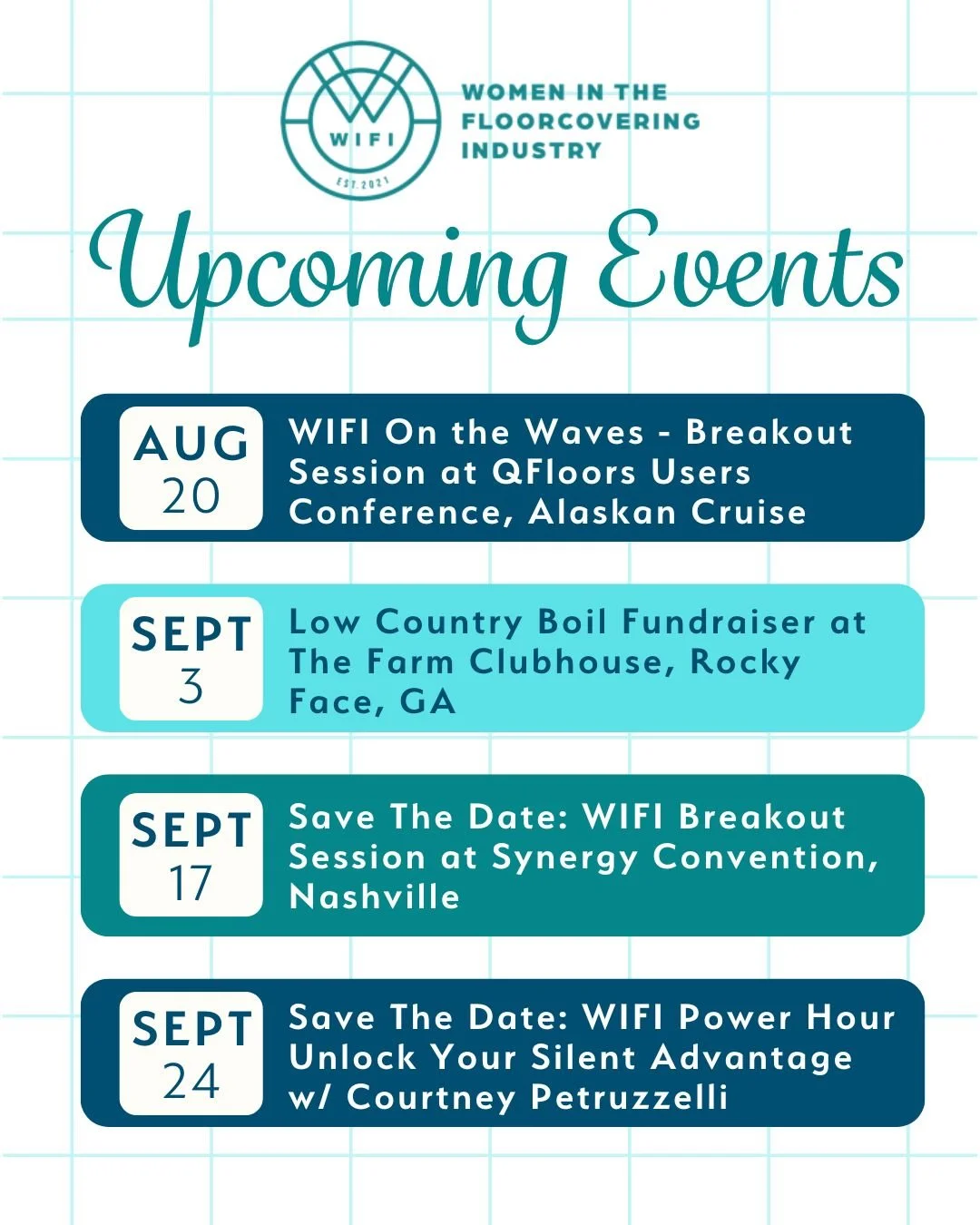 🎉 Upcoming WIFI Events &ndash; Mark Your Calendar! 

🌟 WIFI on the Waves - Breakout Session at @qfloorsflooringsoftware Users Conference 
With: Sharyn Bernard, @FloorCoveringWeekly and Dr. Lori Schade, marriage &amp; family therapist 
August 20 | ?