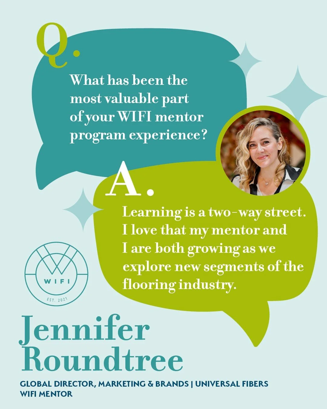 Meet Jennifer Roundtree of @Universalfibers, one of the incredible mentors in the WIFI Mentor Program! 🌟

Jennifer shares why this experience has been so meaningful:
&quot;Learning is a two-way street. I love that my mentor and I are both growing as