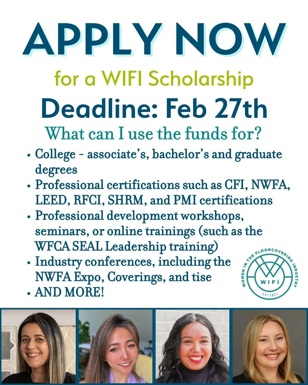 Did you know? Your next big move in flooring could be funded. 💥👷&zwj;♀️

WIFI scholarships are here to help women in flooring level up with support for:
✨ College (associate&rsquo;s, bachelor&rsquo;s, and graduate degrees)
✨ Professional certificat