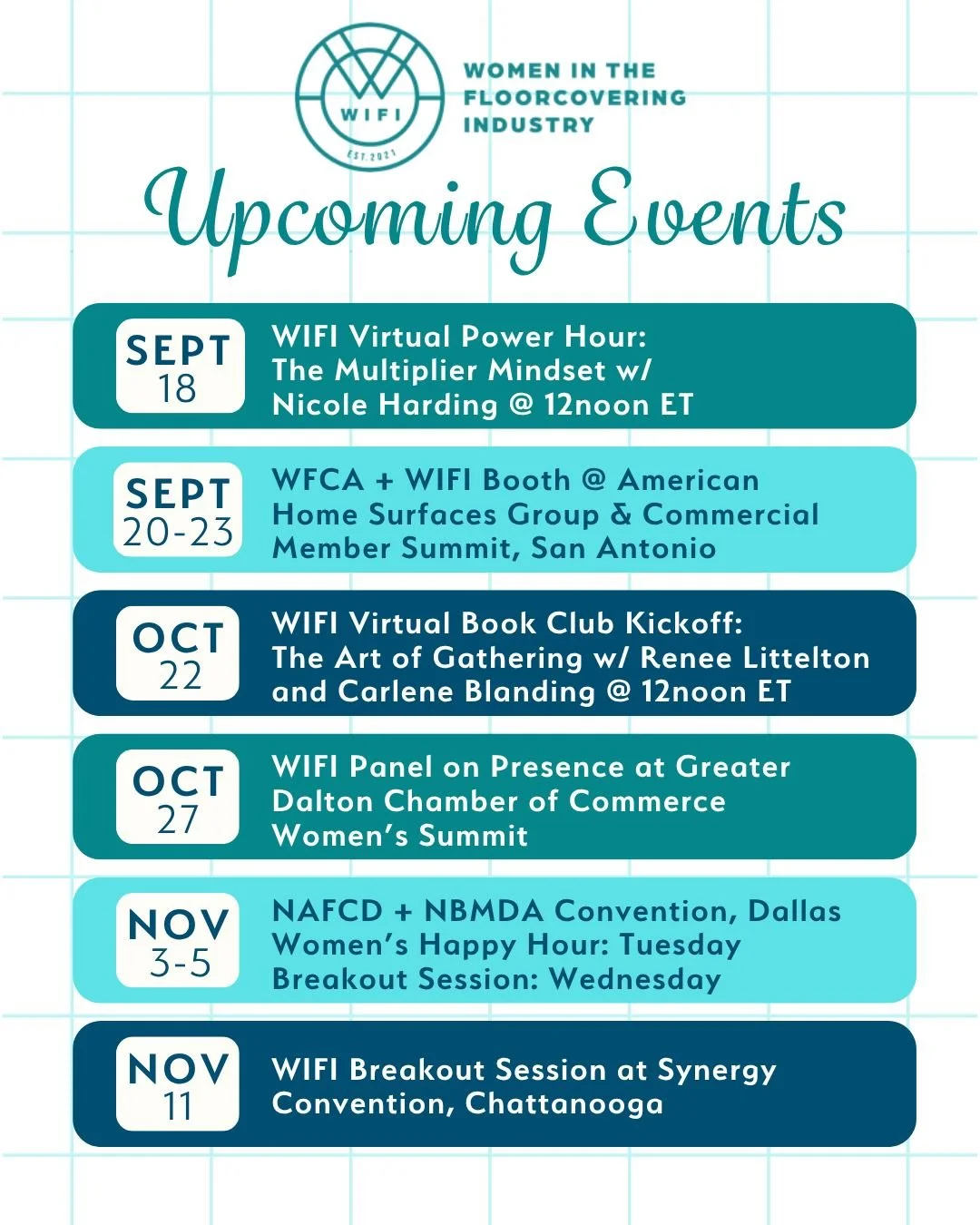 WIFI is on the move this fall! ✨ From virtual professional development to connecting in person, there are plenty of ways to get involved.

📅 Sept. 18 | The Multiplier Mindset Virtual Power Hour with Nicole Harding, vice president of CCA Global Unive
