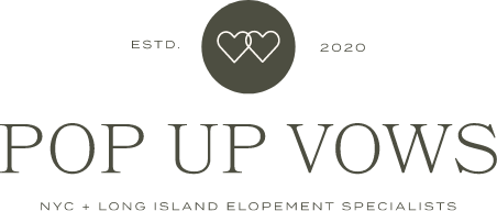 Logo for Pop Up Vows, a wedding service, with hearts, established in 2020, serving NYC and Long Island.