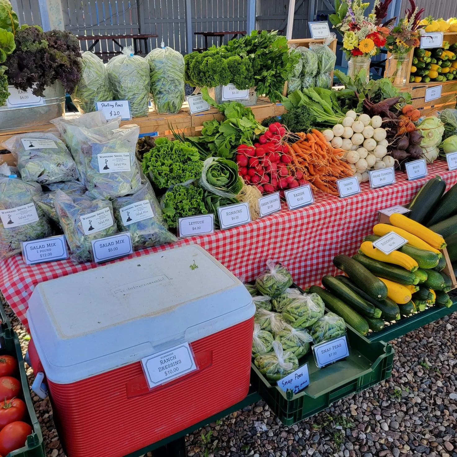 We have a full table this morning! 

Special on snap peas today, 2 for the price of 1!

Also here today: 
- Salad turnips 
- Shelling peas
- Carrots
- Tomatoes
- Beets
- Radishes
- Cabbage
- Broccoli
- Flowers
- and more!