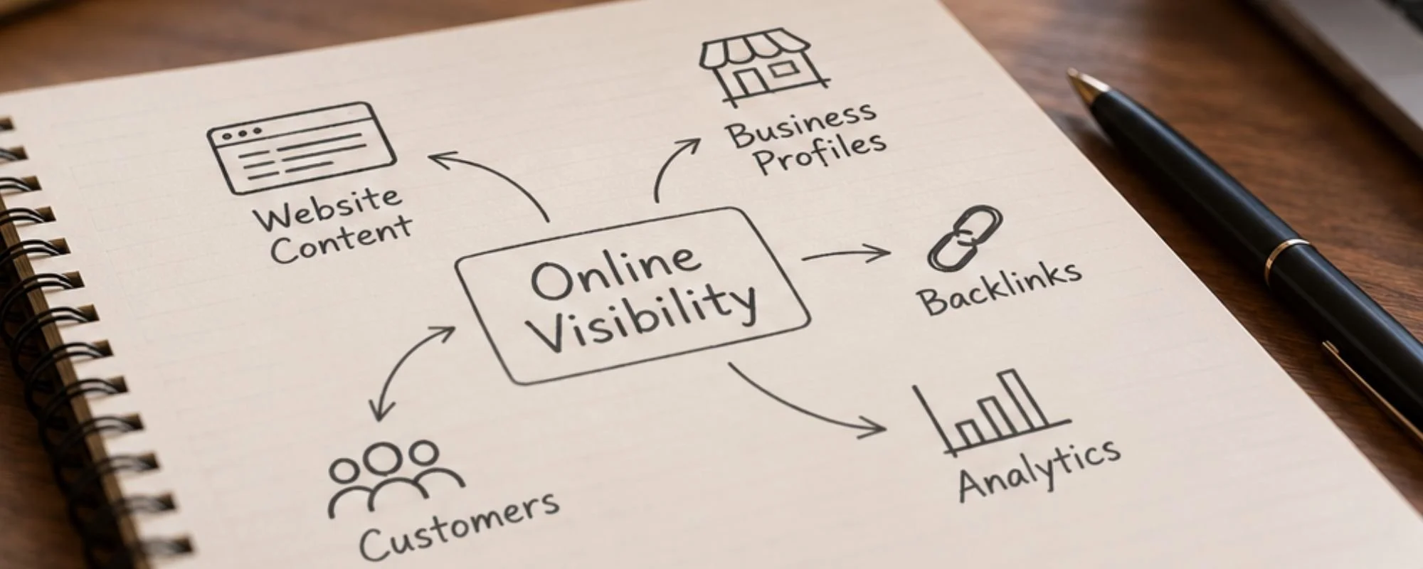 Notebook illustrating the elements of small business online visibility, including website content, business profiles, backlinks, customer connections, and analytics.