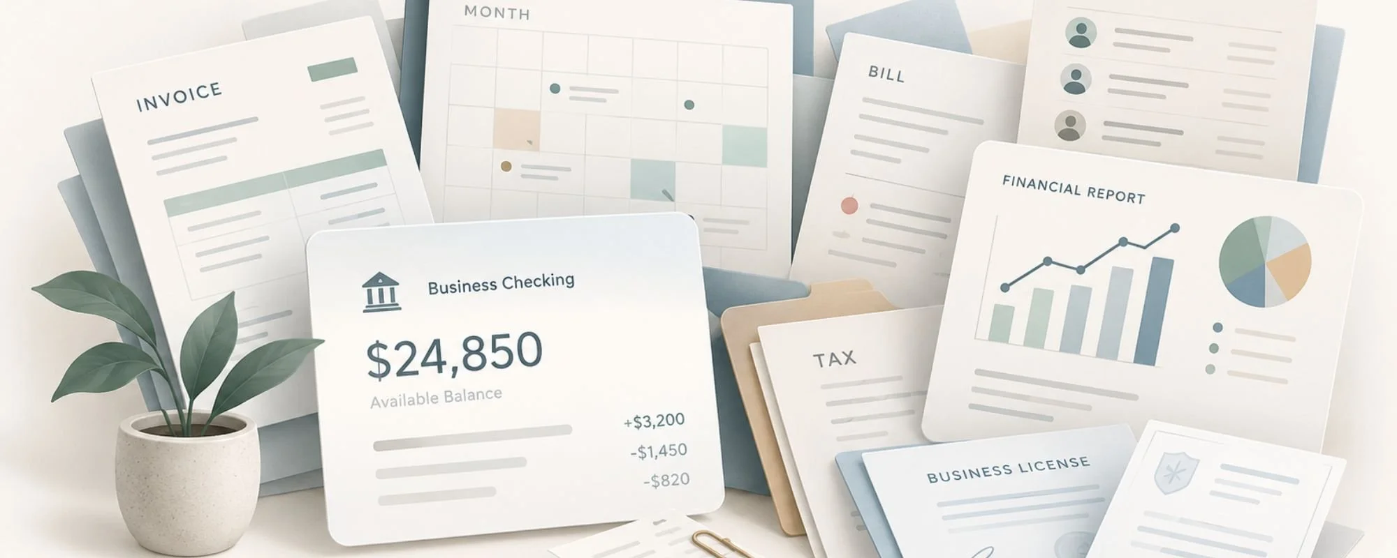 Illustration of a business bank balance surrounded by invoices, payroll records, financial reports, tax documents, and a calendar representing upcoming financial obligations.