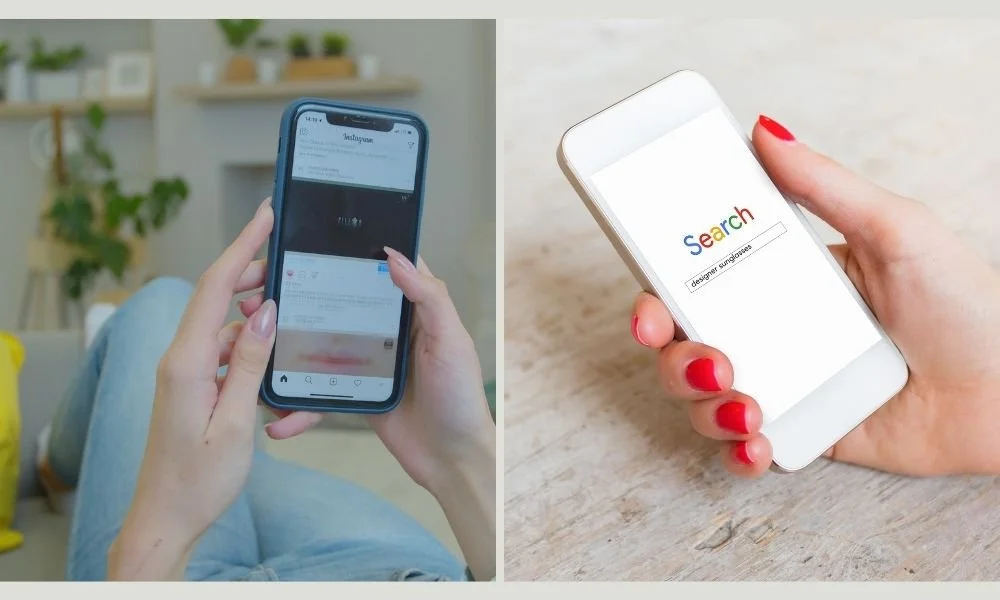 Side-by-side image of a person scrolling social media on a smartphone and another phone displaying a Google search page, representing passive and active website traffic.