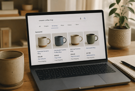 Laptop displaying Google Shopping results for ceramic coffee mugs on a desk.