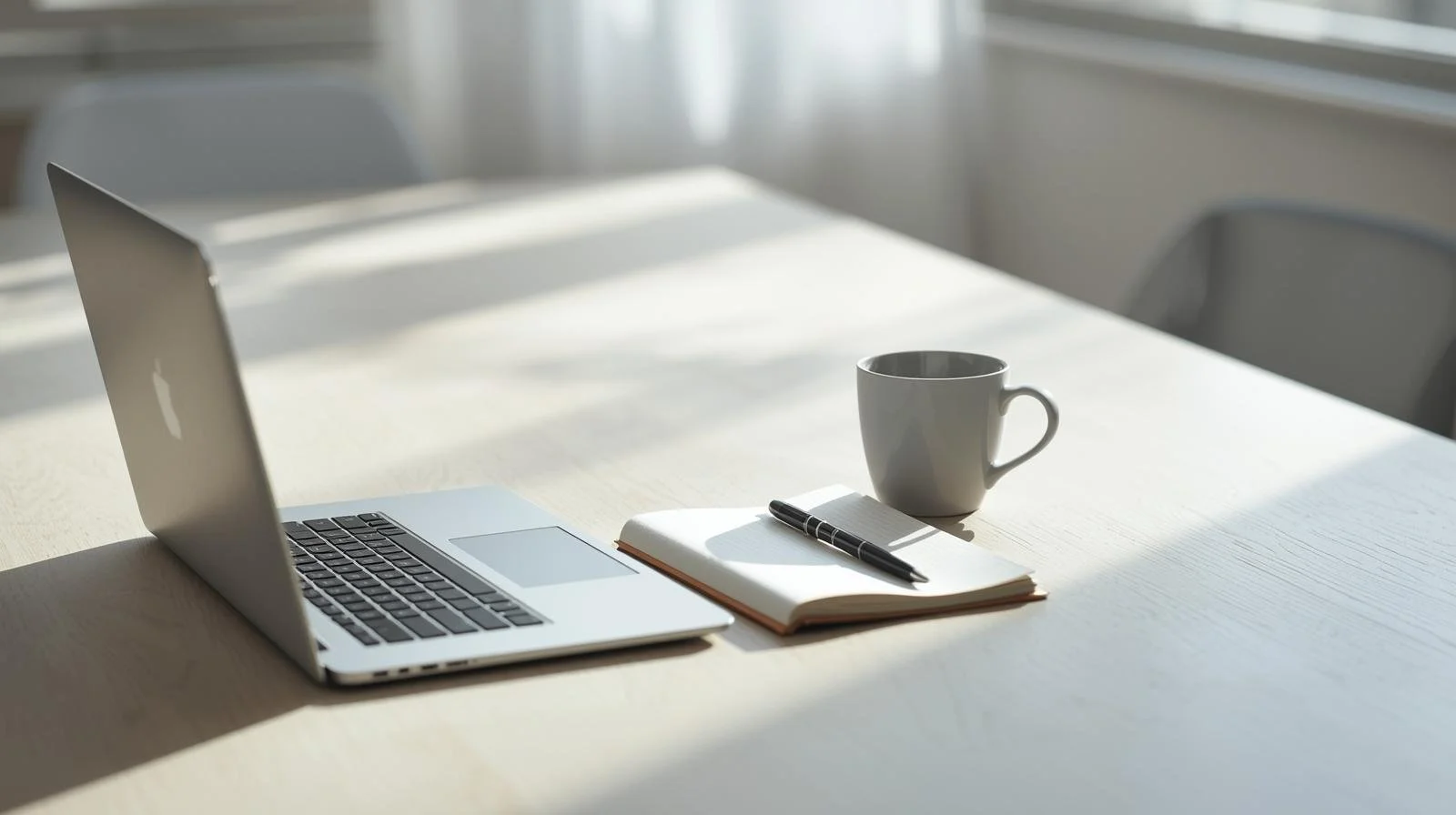 A clean modern desk with a laptop pen and cup of coffee