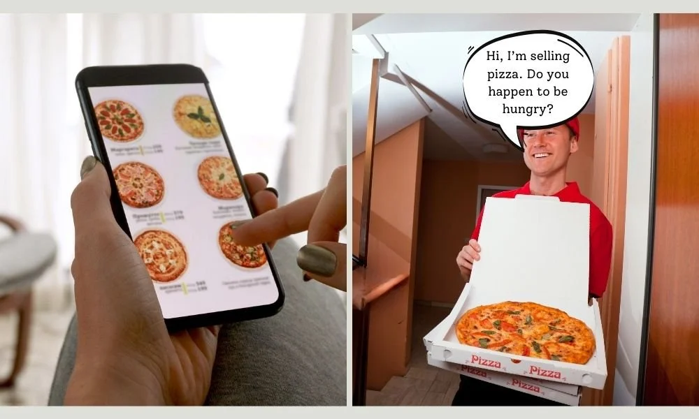 Side-by-side image showing a person ordering pizza on a smartphone and a delivery person knocking on a door holding a pizza box, illustrating active versus passive marketing.