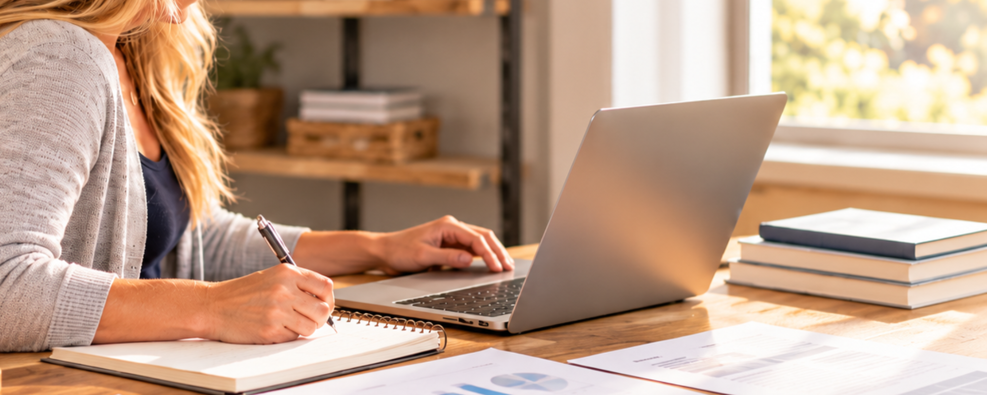 Woman working at desk with laptop, notebook, and financial documents in a home office