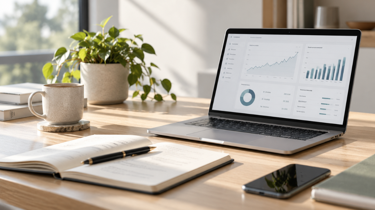 Small business financial workspace with laptop displaying financial reports, notebook, and business documents.