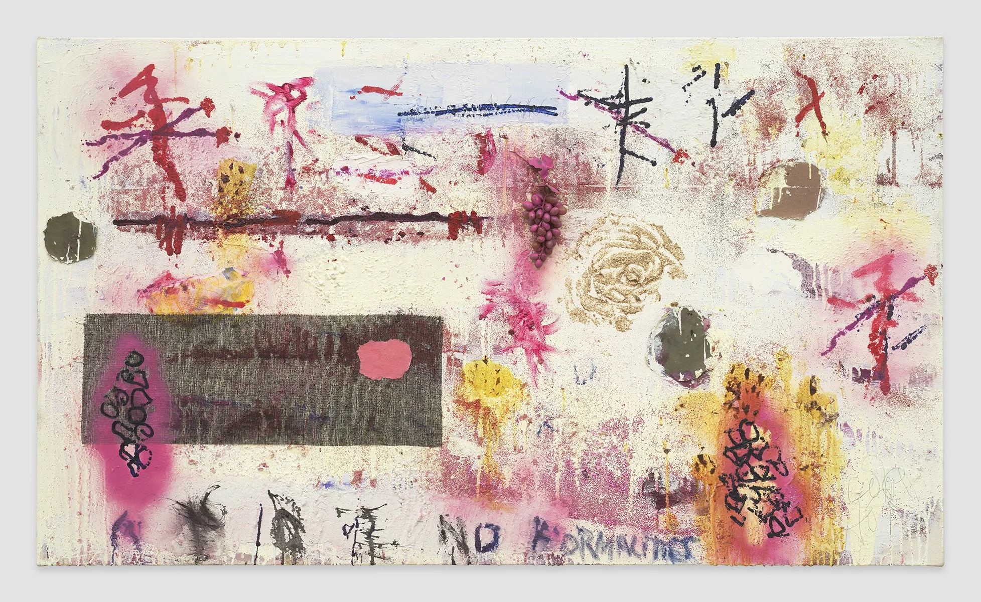 Joan Synder, "No Formalities," 2015, Oil, acrylic, paper, ink, material, glitter, and plastic grapes on canvas, 36 x 62 in. (91.4 x 157.4 cm)