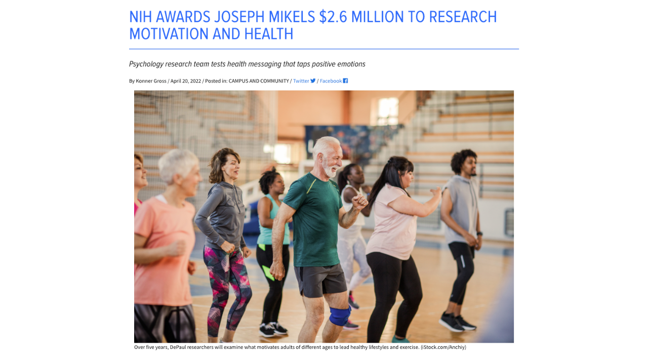 NIH Awards Joseph Mikels $2.6 Million to Research Motivation and Health