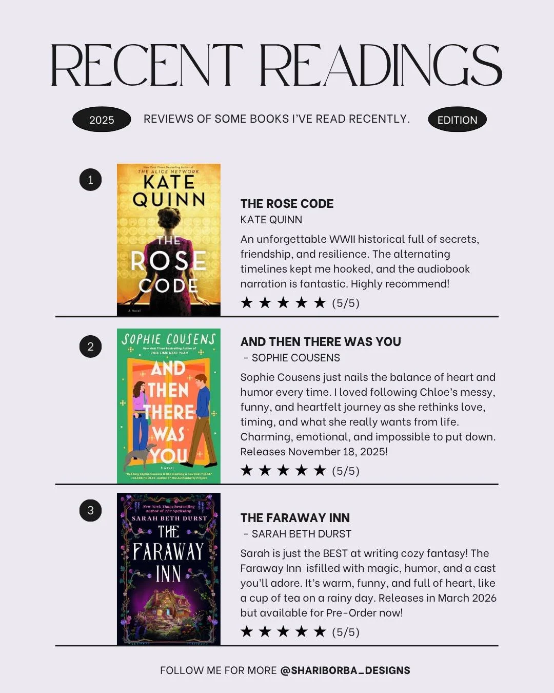 ✨ Recent Readings &ndash; November Edition ✨
Three incredible 5-star reads that completely captured my heart this past month!

📘 The Rose Code by @katequinn5975 
A richly layered WWII historical about friendship, secrets, and courage. I was complete