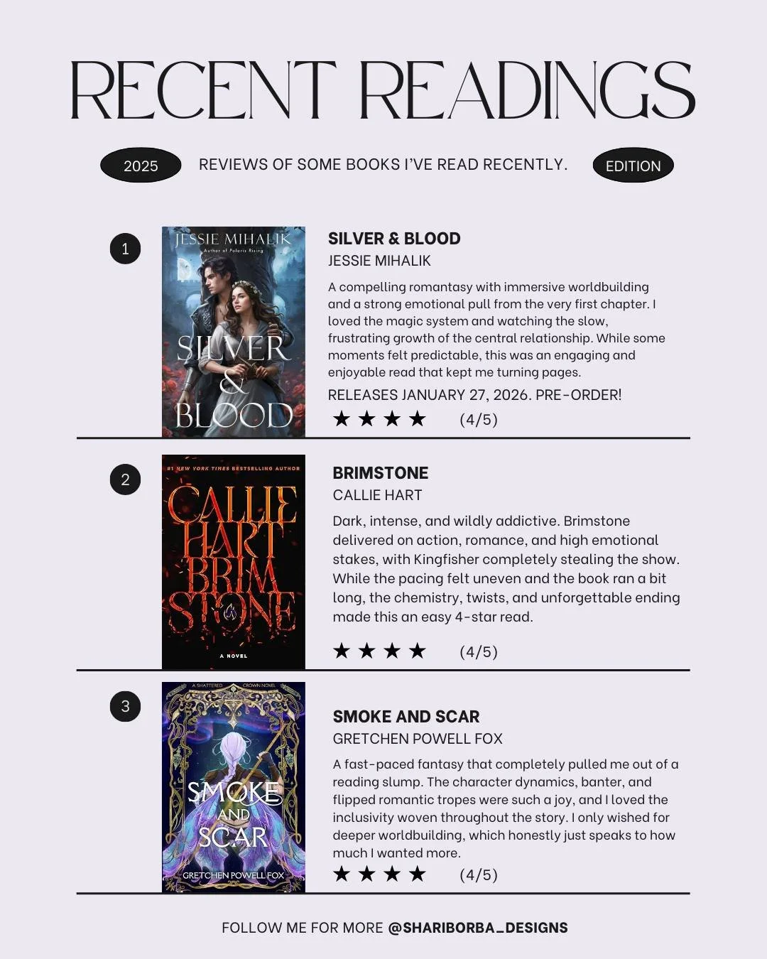 ✨ Recent Readings &ndash; December Edition ✨
Closing out the year with three fantasy-forward reads that absolutely pulled me in and kept me turning pages. Romantasy, dark romance, and epic fantasy all made an appearance this month and honestly, I am 