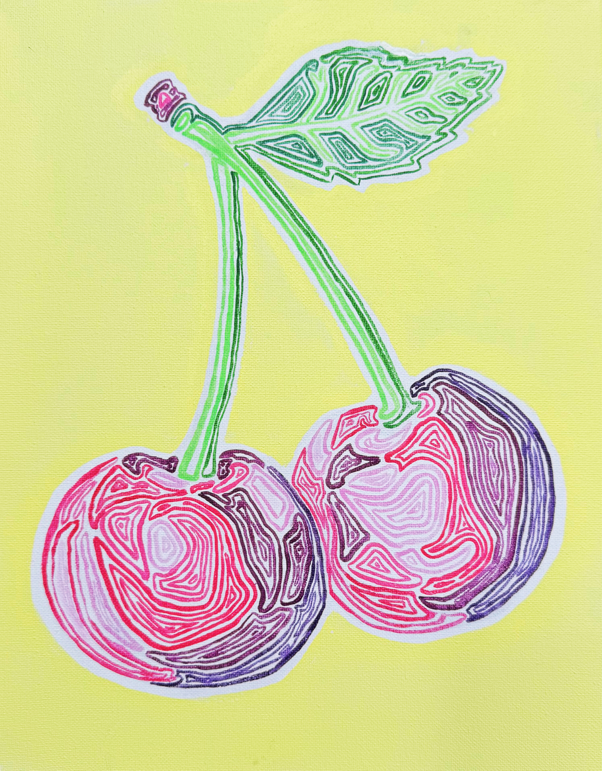 pair of cherries. food series. acrylic on canvas. 11x14. 2025.