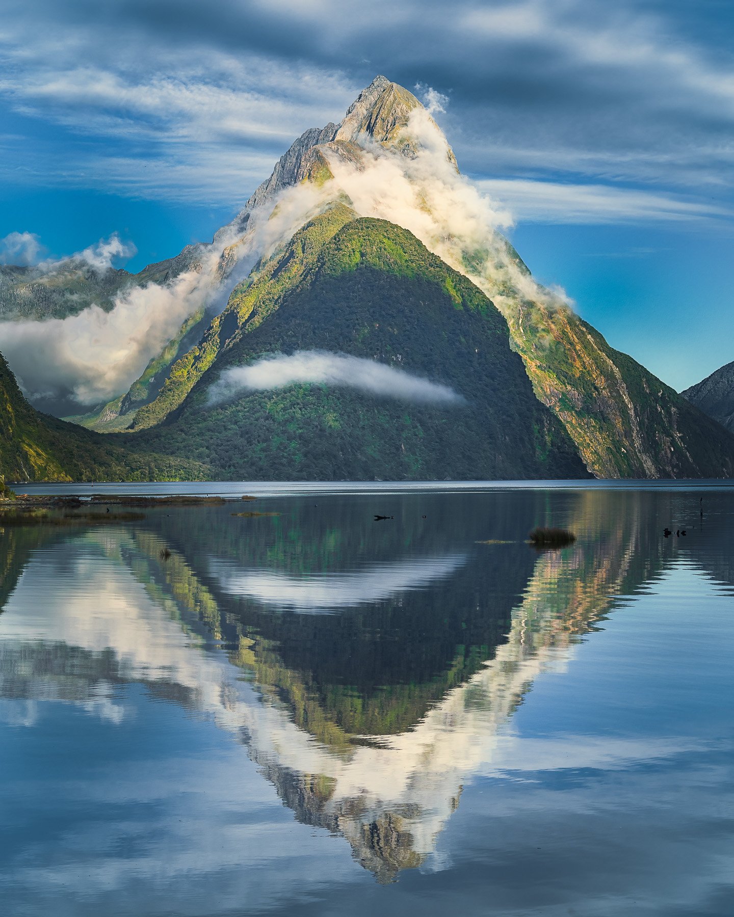 Mitre Peak rises above Milford Sound, its symmetrical form perfectly mirrored in the still waters below, dominant blue and green tones filling the frame, Fiordland, New Zealand.