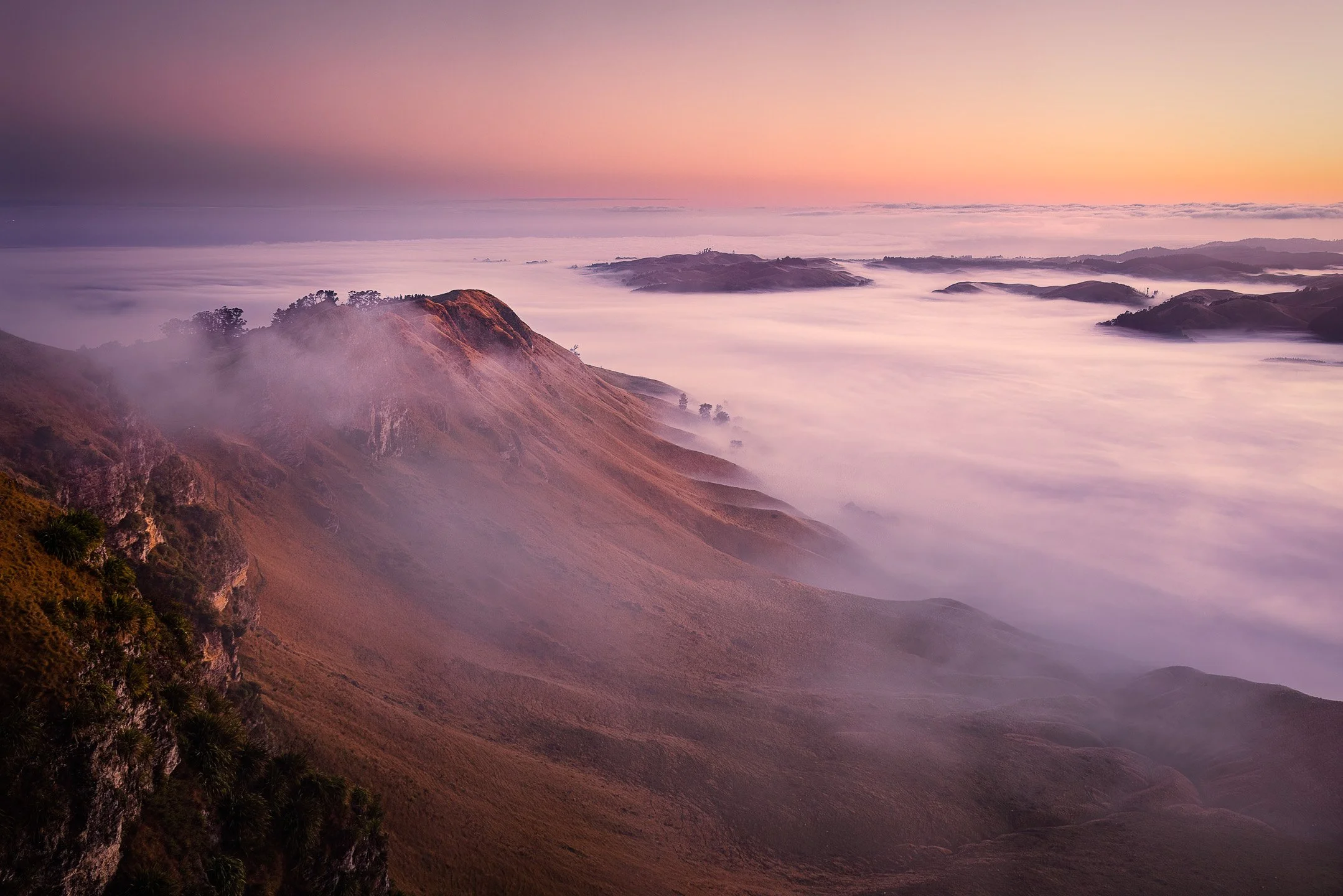 Te Mata Peak dawn with heavy morning fog filling the Tukituki valley below.