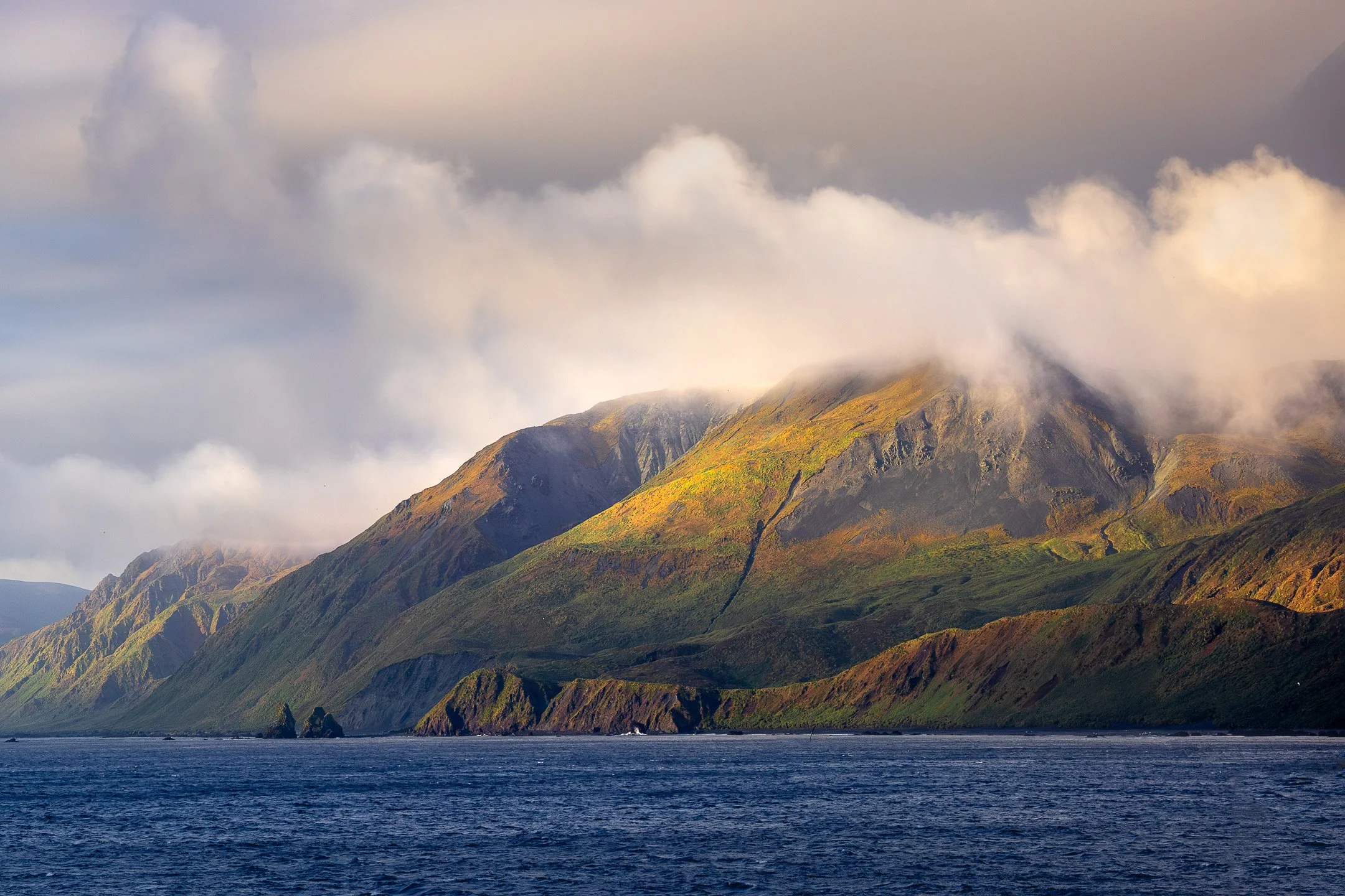 A wide panoramic view of a tussock-covered coastal headland on Macquarie Island, with a single shaft of bright light illuminating a strip of the coastline against an otherwise dark overcast sky, and the ocean visible to the left.