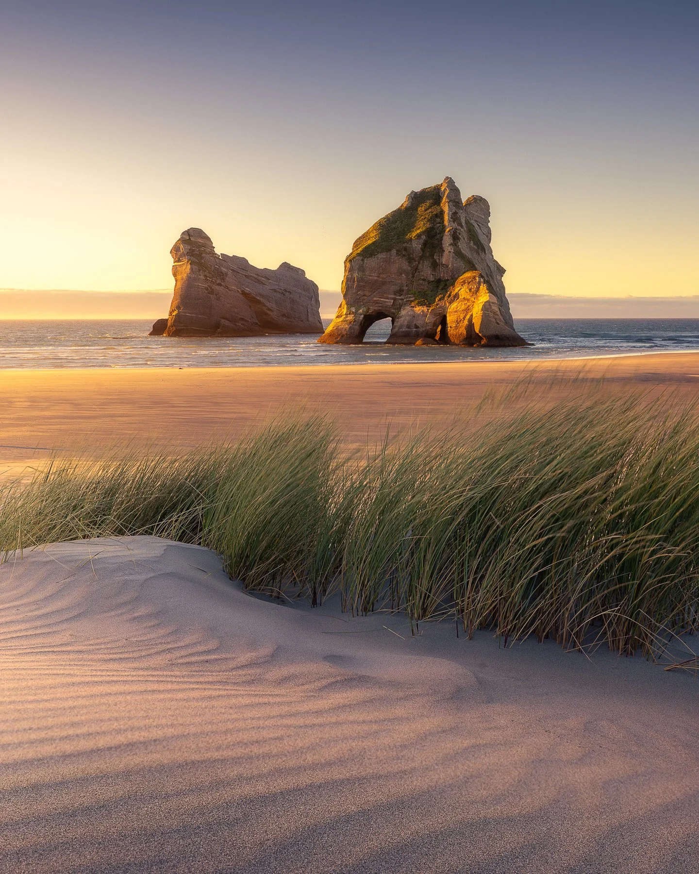 Wharariki Beach at golden hour, rippled dunes in the foreground leading through sweeping sand toward the distant Archway Islands and open sky, Tasman Region, New Zealand.