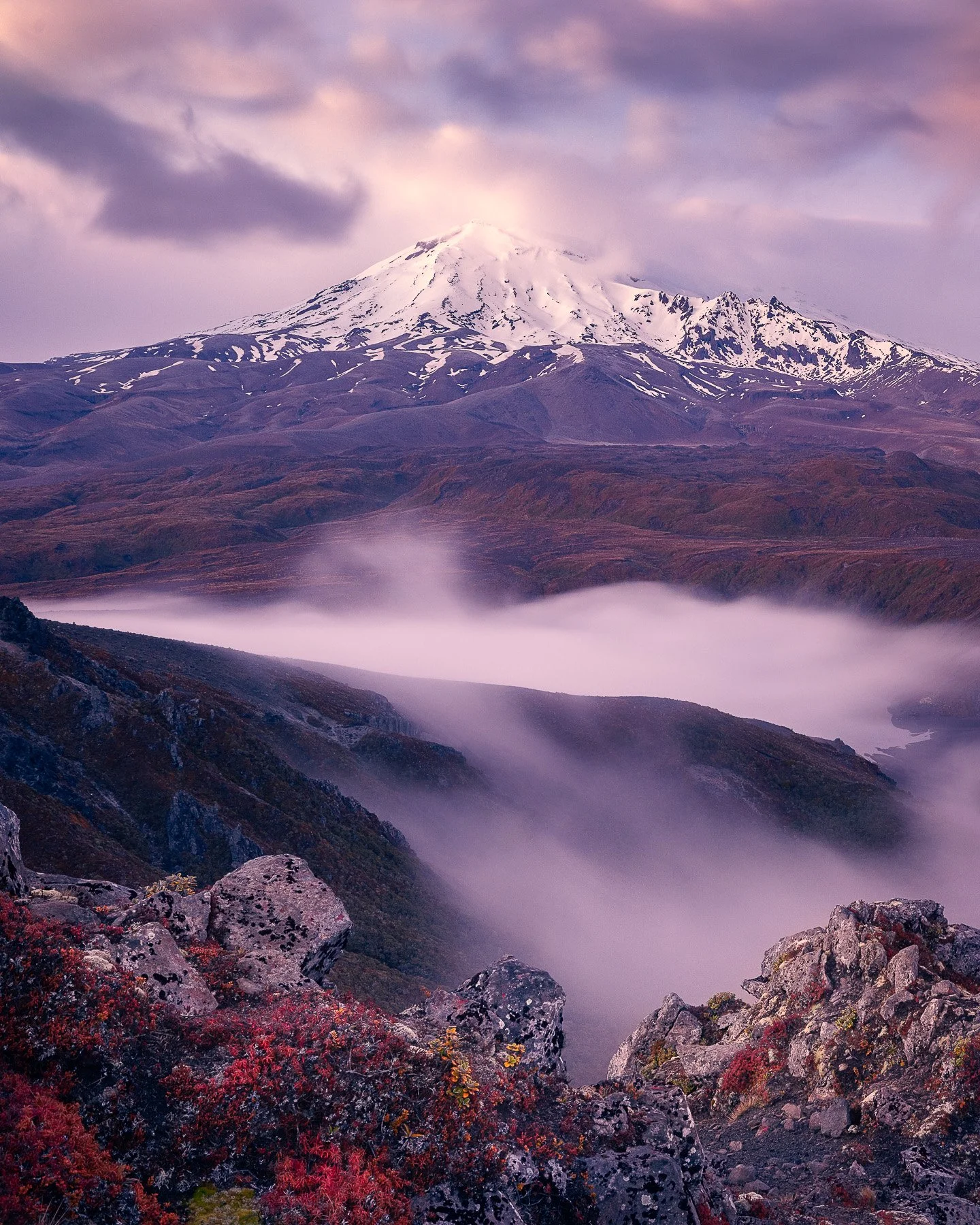 Sunrise light on Mount Ruapehu seen from the Tama Lakes ridgeline, Tongariro National Park, New Zealand