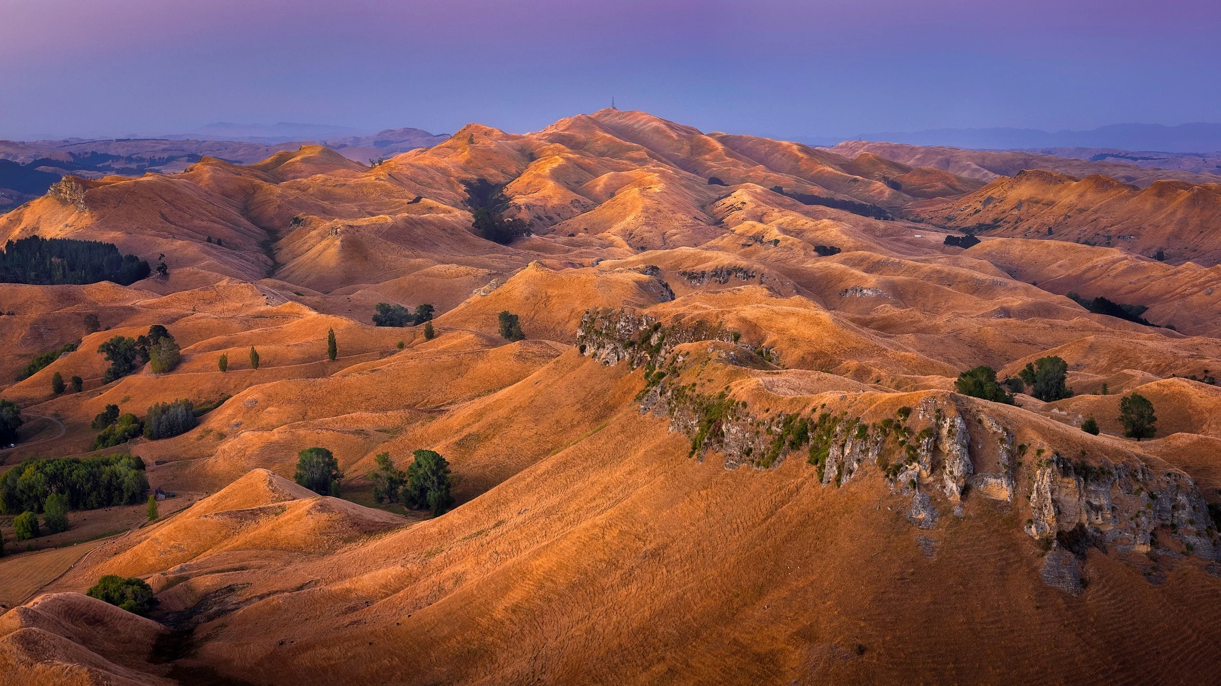Aerial panorama of golden, sun-baked hill country and rocky outcrops around Mount Erin, Te Mata Peak, Hawke's Bay, New Zealand, in summer light.