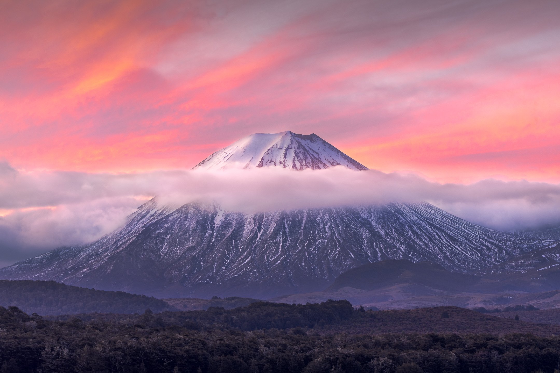 Mount Ngauruhoe's summit glowing at sunset above a ring of low cloud, Tongariro National Park, New Zealand