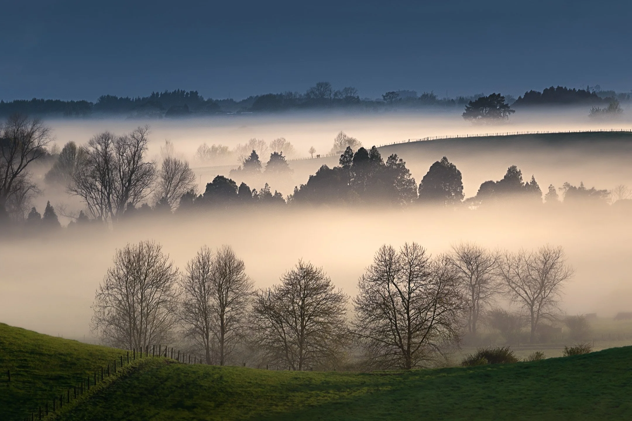 Layers of blue, white, and green morning fog drift across the Waikato landscape near Whatawhata, with rolling hills emerging from the mist at sunrise, New Zealand