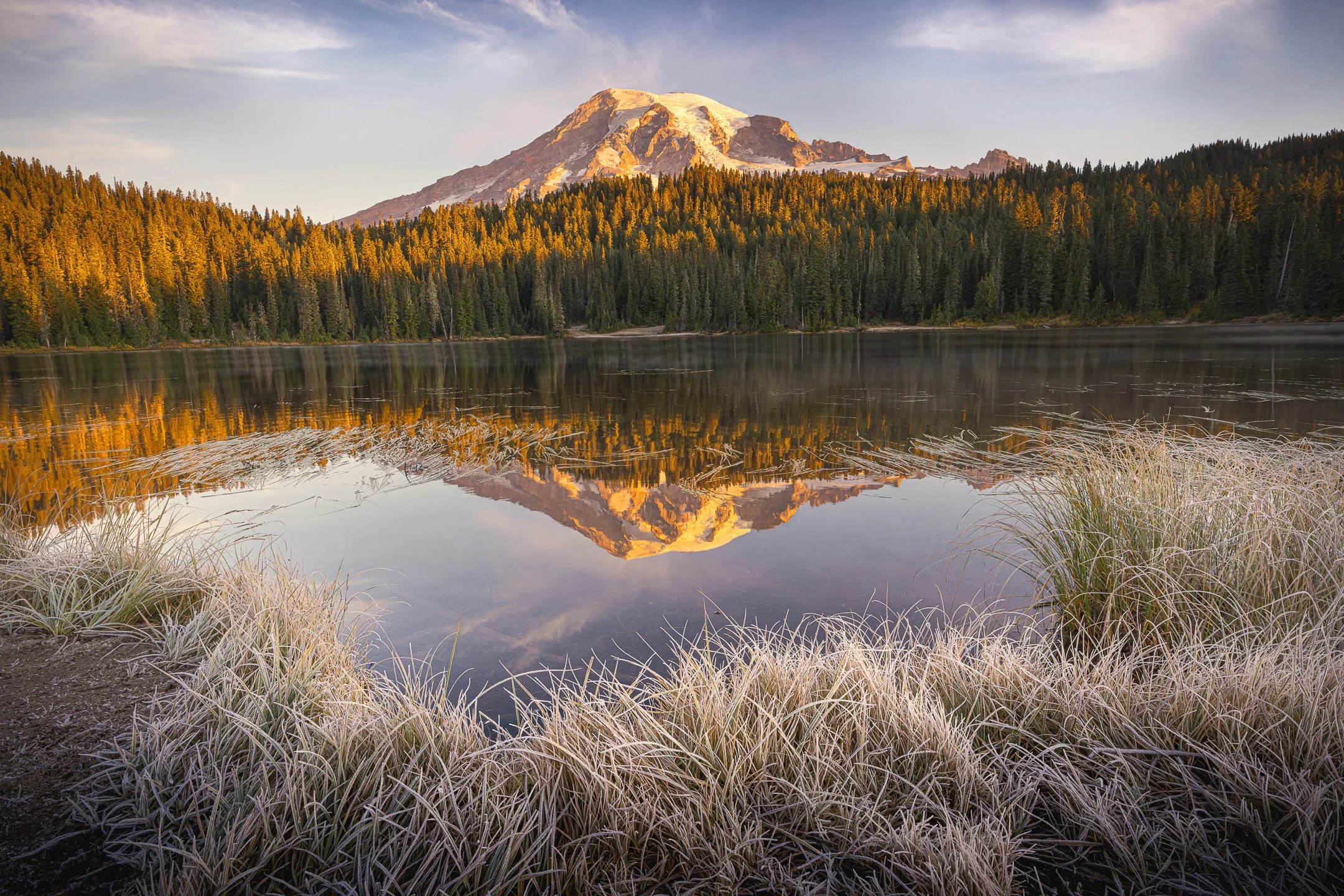 Mount Rainier reflected in Reflection Lake at sunrise, frosted grasses and drifting white clouds creating a natural frame around the mountain and its mirror image, Washington, USA.