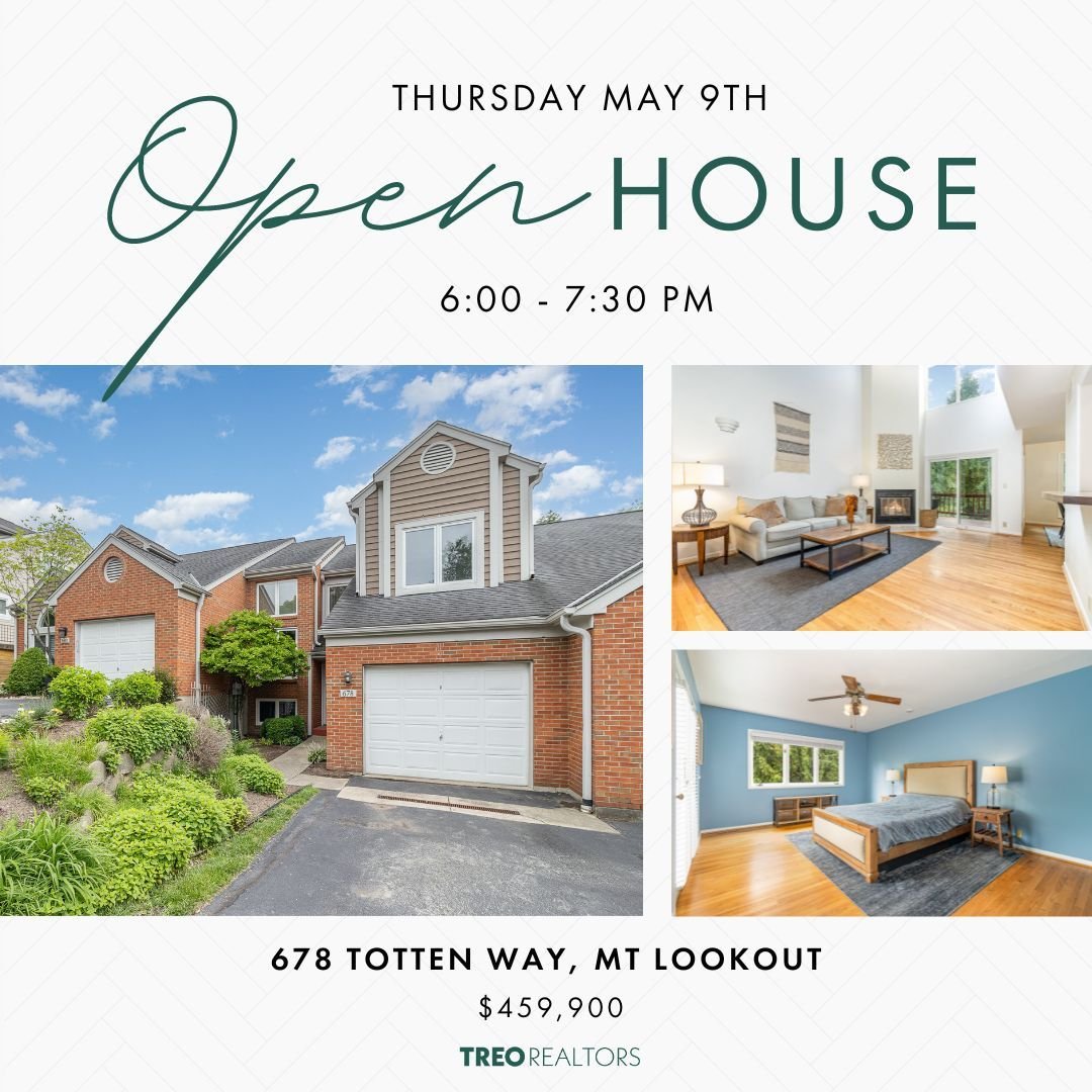 Stop by tomorrow 5/9 from 6:00 - 7:30PM to see this newest listing in Mt. Lookout! 🏡 678 Totten Way

See this incredible, low maintenance townhome for yourself!
💥 3 bedroom, 4 bath, two-story living room!
💥 Finished basement! 
💥 Three decks with 