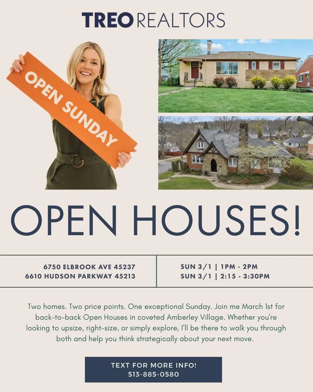 Whether you're looking to upsize, right-size or simply explore, you won't want to miss these Amberley Open Houses this Sunday, 3/01!

📍6750 Elbrook Ave, Amberley, Oh 45237 from 1:00 PM - 2:00 PM 

📍6610 Hudson Parkway, Amberley, Oh 45213 from 2:15 
