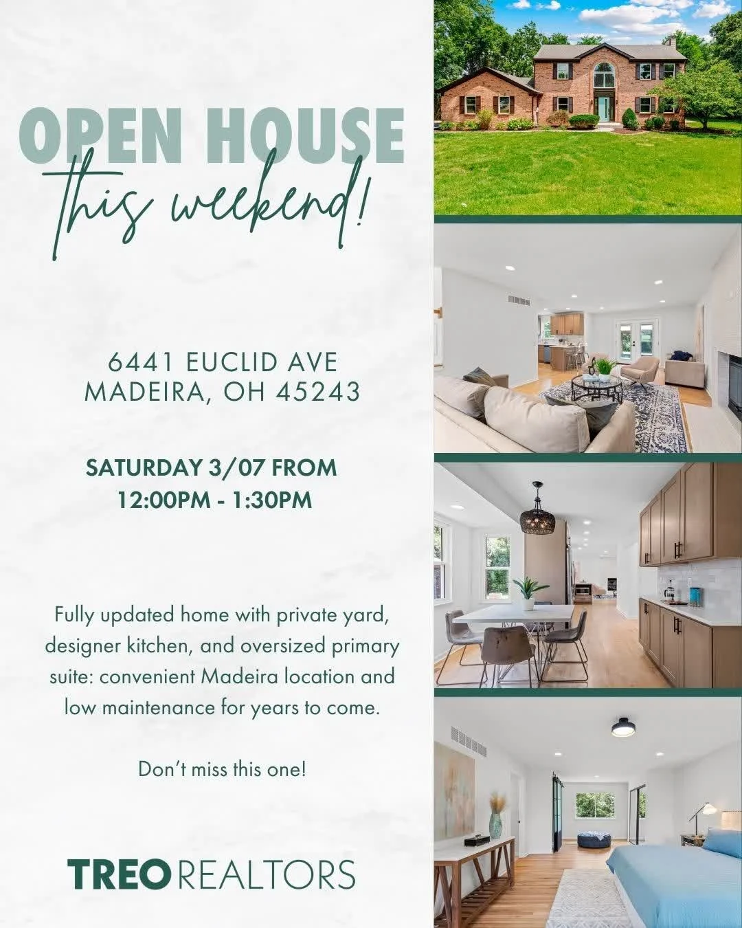 Join us for an OPEN HOUSE this Saturday. This 4 Bedroom traditional brick home on a private lot offers space and privacy that are hard to find in Madeira! Redesigned from top to bottom with quality &amp; function in mind, this home is a must see!

📍