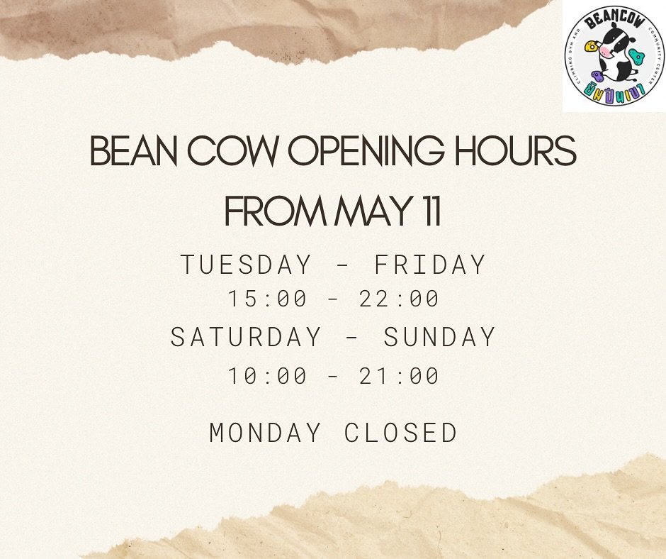 Opening hours update! As of May 11, we will extend weekend hours:

Tuesday-Friday: 15:00-22:00
Saturday-Sunday: 10:00-21:00
Closed Monday

See you there!