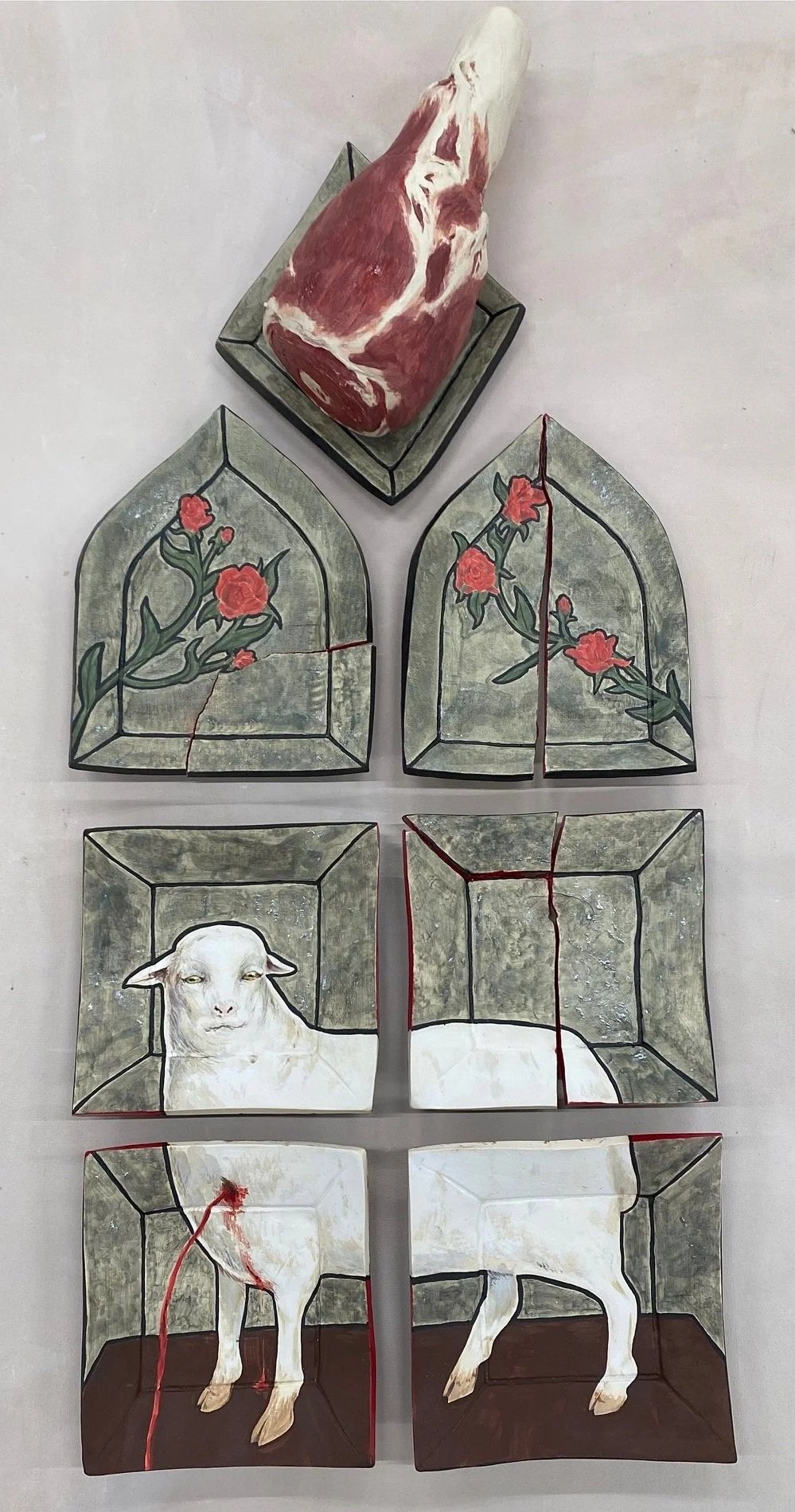 'Confession of the Lamb', underglaze, maolica overglaze. Cone 6 Oxidation. Wheel thrown and slab built table set, 2025.